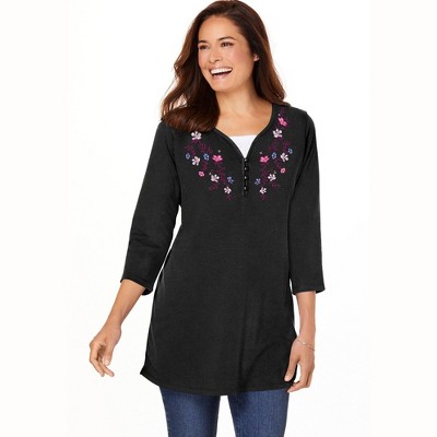 Woman Within Plus Size 7-Day Layered-Look Embroidered Henley Tunic