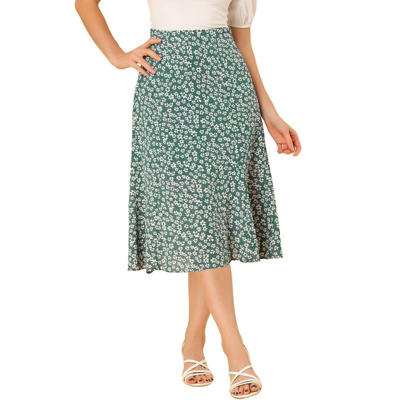 Allegra K Women's Print Peasant Elastic Waist A-Line Midi Skirts, 1 of 6