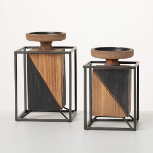 9.75" Wooden Block Pillar Holders - Set of 2, Multicolor - 1 of 4