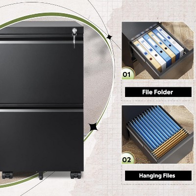 Black Mobile 2-Drawer Lockable Metal File Cabinet
