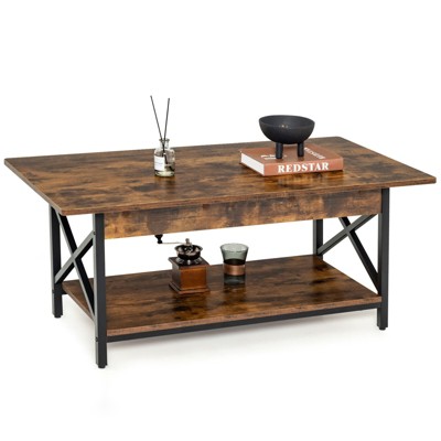 Tangkula Coffee Table Industrial 2-Tier w/ Storage Shelf &Storage Shelf for Living Room Rustic Brown