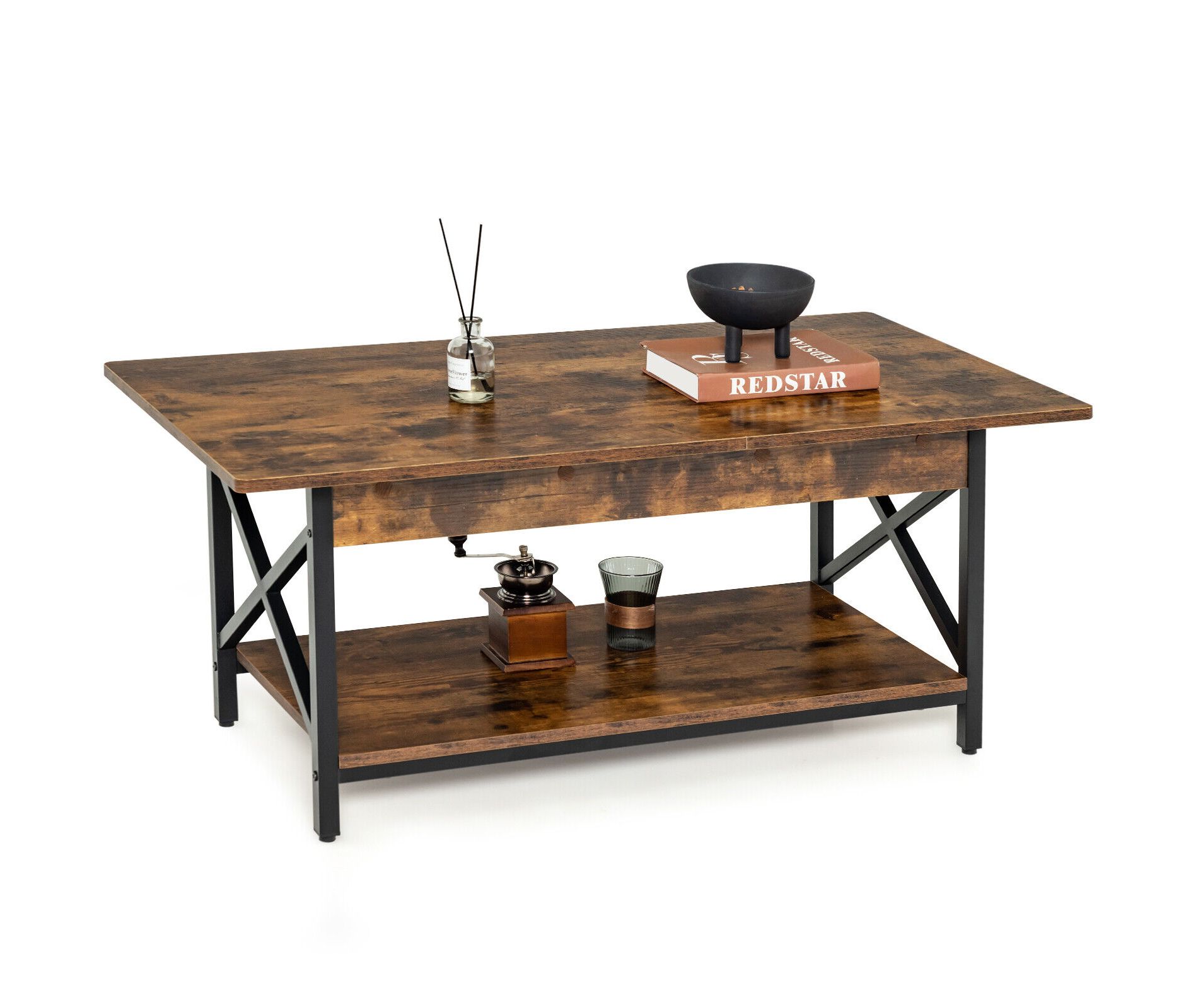 Tangkula Coffee Table Industrial 2-Tier w/ Storage Shelf &Storage Shelf for Living Room Rustic Brown
