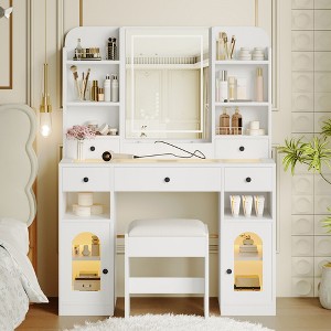 43.2" White Vanity Desk with LED Mirror, RGB Light Cabinets & Glass Top, Makeup Table with 5 Drawers, Charging Station & Stool for Bedroom -ModernLuxe - 1 of 4