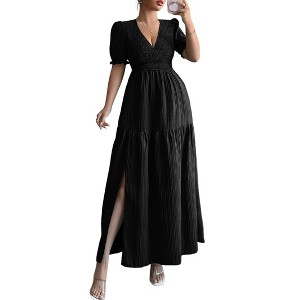 Coolmee Women's Puff Sleeve Dress Smocked Flowy V Neck Slit Pleated Maxi Dress - 1 of 4