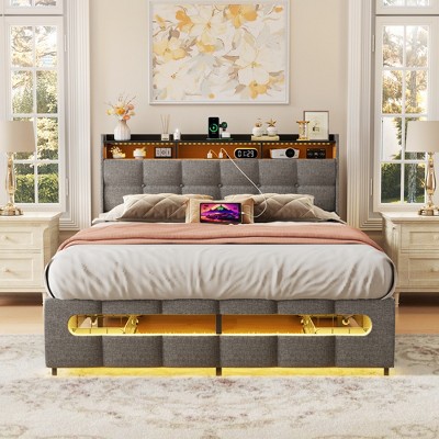 Aheaplus Upholstered Bed Frame with Storage Headboard, Charging Station, LED Light