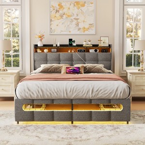 Aheaplus Upholstered Bed Frame with Storage Headboard, Charging Station, LED Light - 1 of 4