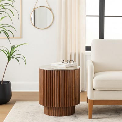 Side Table with Fluted Brown Base and White Marble Top - Modern Accent Piece for Small Spaces and Home Decor