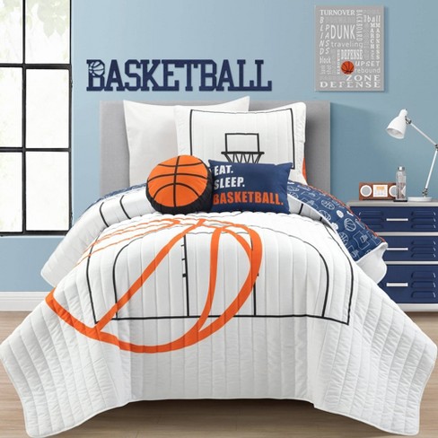 4pc Twin Kids' Basketball Game Reversible Oversized Quilt Bedding Set  White/navy - Lush Décor : Target