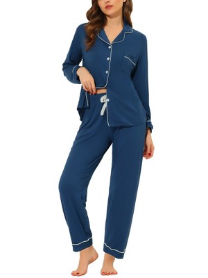 cheibear Women's Long Sleeves Button Down Top with Pants Lounge Pajamas Set