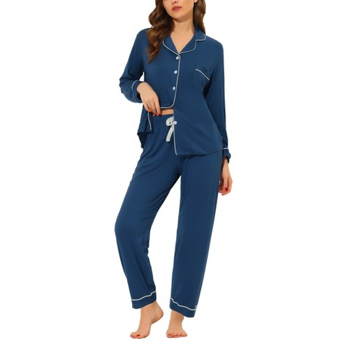 Cheibear Women's Long Sleeves Pants Button Down Lounge Pajamas Set Blue ...