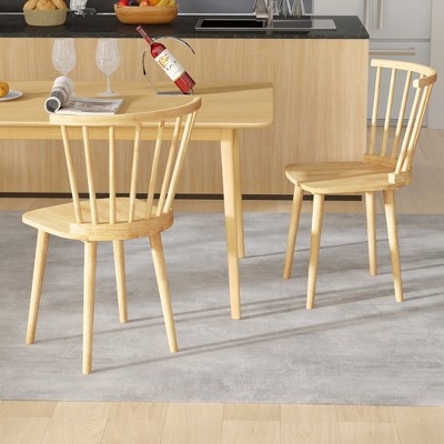 Natural Rubber Wood Windsor Dining Side Chairs with Slat Back, Set of 2