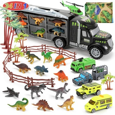 Skirfy Dinosaur Truck 34 in 1 Dinosaur Carrier Truck Toy with 12 Dinosaur Minifigures and 4 Cars, Dinosaur Park Toy Birthday Gift