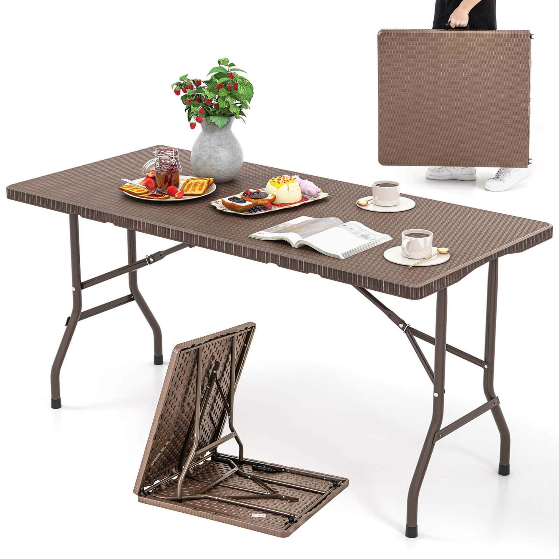Costway 5 ft Folding Picnic Table Outdoor Dining Table with Rattan Grain HDPE Tabletop Brown