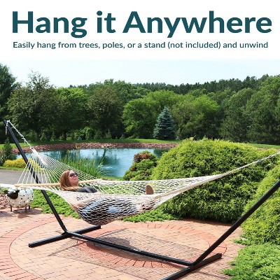 Double Wide Beige Cotton Rope Hammock with Hardwood Spreader Bars