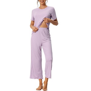 cheibear Women's Pajama Set Ruffle Round Neck Soft Knit Short Sleeve Shirt with Pants Capri Loungewear - 1 of 4