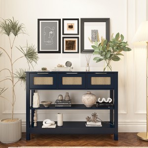 ORRD 43.3” Farmhouse Sofa Table with 3 Drawers & 2 Shelves, Entryway Console Table with Rattan Design, Adjustable Shelf & Anti-Tip Strap - 1 of 4