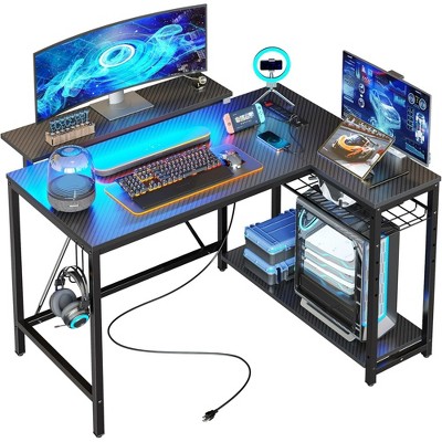 Bestier 42" L - Shaped Gaming Desk: Equipped with Power Outlets, LED Lights, Reversible Shelves & Hooks for Small Spaces ,Bedrooms & Offices