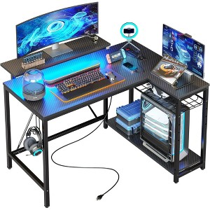 Bestier 42" L - Shaped Gaming Desk: Equipped with Power Outlets, LED Lights, Reversible Shelves & Hooks for Small Spaces ,Bedrooms & Offices - 1 of 4