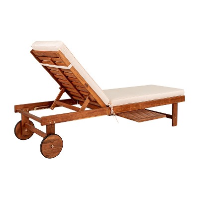 Seabrook 69" Acacia Wood Outdoor Lounger with Cream Cushion and Slide Table