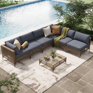 COWLOWN 7 Piece, Patio Outdoor Furniture Set with Tea Table, Boho Outdoor Sectional Furniture Sofa, PE Rattan Wicker Conversation Set - 1 of 4