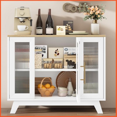 Homhougo 36" Sideboard Storage with Fluted Glass Door, Modern Buffet Storage Cabinet with 2-Tier, Accent Cabinet Natural+White