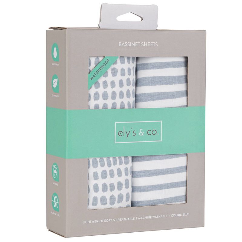 Ely's & Co. Baby Fitted Waterproof Sheet Set  100% Combed Jersey Cotton Misty Blue Stripes & Splash 2 Pack, 4 of 9