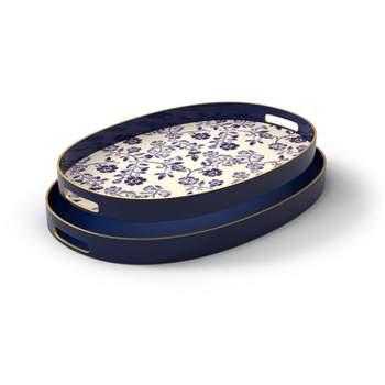 American Atelier 2-Piece Oval Serving Trays with Handles, Blue and Floral Design with Gold Rim