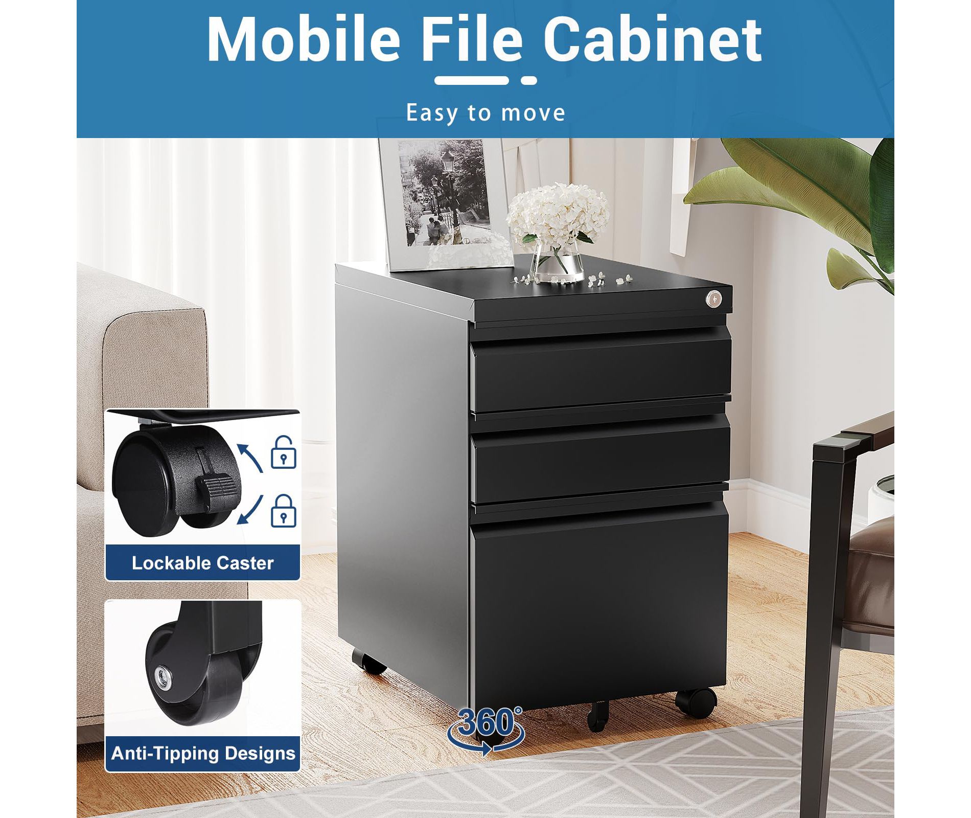 Mlezan Drawer File Cabinet: Mobile, Lockable, with Wheels. Fully Assembled, Metal Cabinet for A4/Letter/Legal Files, Under-Desk Storage.