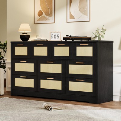 10 Drawer Dresser for Bedroom, 59'' Rattan Dresser TV Stand for 55, 65, 70 TVs, Boho Chest of Drawers
