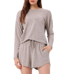 cheibear Women's Long Sleeve Top and Elastic Waistband Shorts with Pockets Pajamas Set - 1 of 4