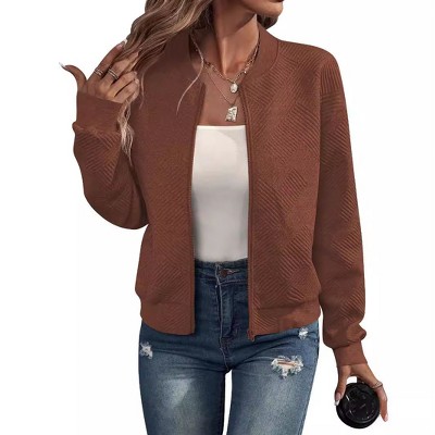 Coolmee Womens Bomber Jacket Zip Up Casual Jackets Textured Lightweight Stand Collar Fall Fashion Outerwear Coat