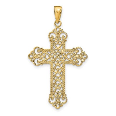 Black Bow Jewelry 14k Yellow Gold Fleur de lis Cross Pendant, 24 x 42mm