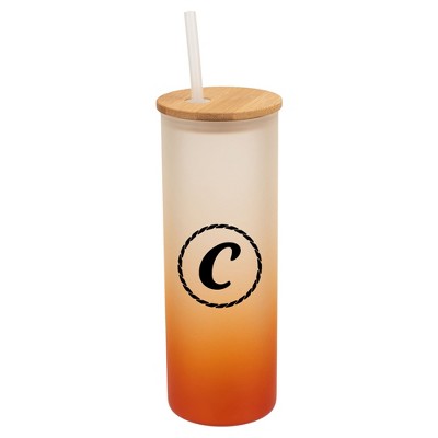 Elanze Designs C Monogram Letter Initial Rope Circle Wrap-Around Design 25 Ounce Frosted Gradient Glass On-The-Go Coffee Travel Skinny Tumbler Mug