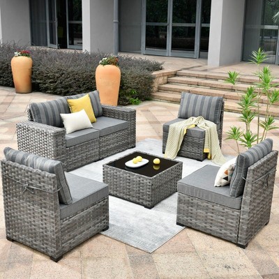 XIZZI 6 PCS Patio Furniture Set, Wide Armrest Sectional Sofa, All Weather PE Rattan Outside Conversation Set with Coffee Table, Dark Grey Stripe
