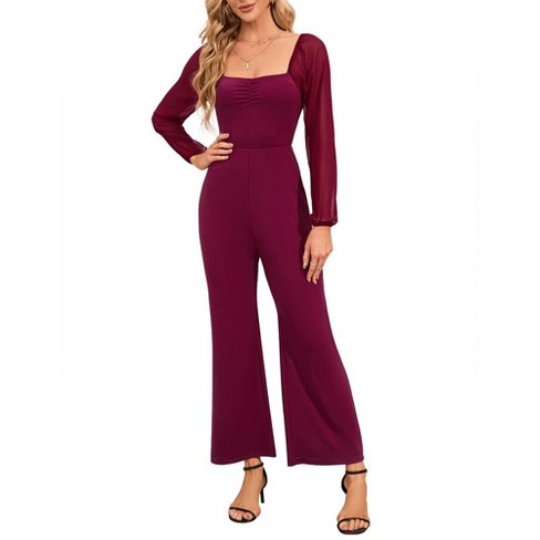 Whizmax Women s High Waist Jumpsuit Square Neck off the shoulder Lantern Long Sleeve Wide Leg Pants Romper Outfits Wine Red Xxl Target