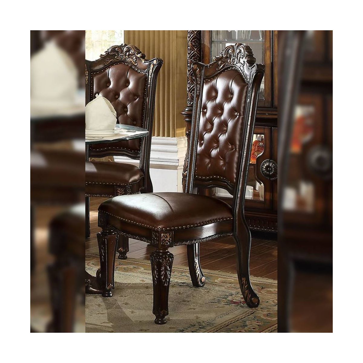 Set of 2 23" Vendome Dining Chairs Cherry - Acme Furniture: Traditional Carved, Nailhead Trim, Polyurethane Upholstery