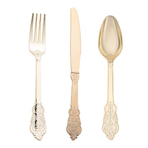 Smarty Had A Party Shiny Metallic Gold Baroque Plastic Cutlery Set - 600 Sets - 1 of 4