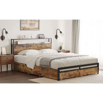 Hausaurce Industrial Style Queen Platform Modern Bed Frame with 4 Drawers, Headboard storage, and Outlets, Sturdy Metal Construction, Rustic Brown