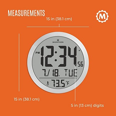 Marathon 15 Inch Round Digital Wall Clock with Calendar and Temperature Display