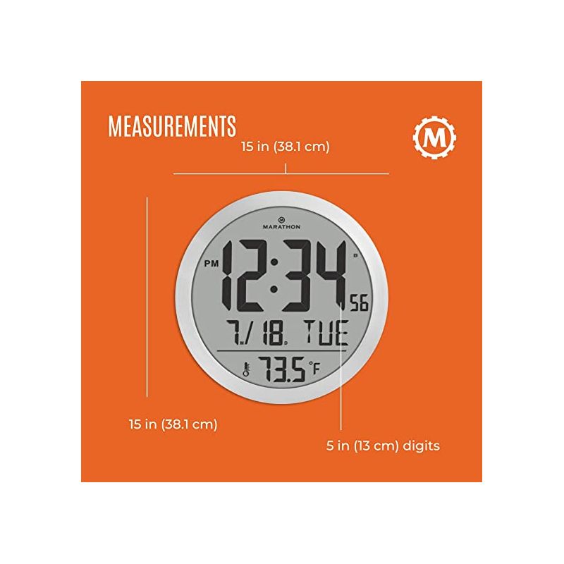 Marathon 15 Inch Round Sleek & Stylish Digital Wall Clock Full Calendar Display & Indoor Temperature, 5 of 7