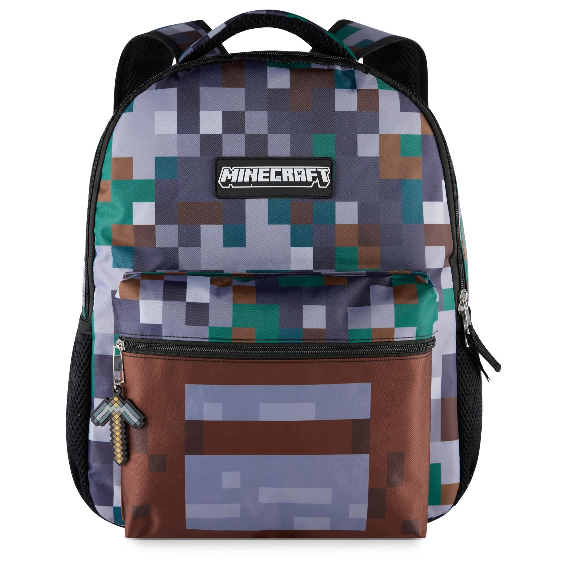 Minecraft Kids Backpack, Pixelated Block Design, 16 Inch Daypack with 3 Zippered Compartments & Water Repellent Polyester
