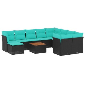 vidaXL 11 Piece Patio Sofa Set with Cushions Black and Blue Poly Rattan - 1 of 4