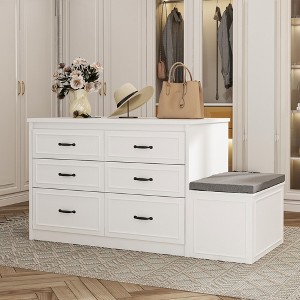 FUFU&GAGA Bench Organizer Storage Cabinet with Seating Hidden Compartment 6 Drawer Dresser Bedroom or Closet - 1 of 4