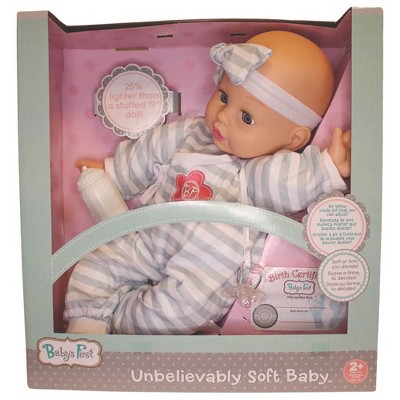 Goldberger Baby's First 19" Unbelievably Soft Baby Doll in Grey Stripes