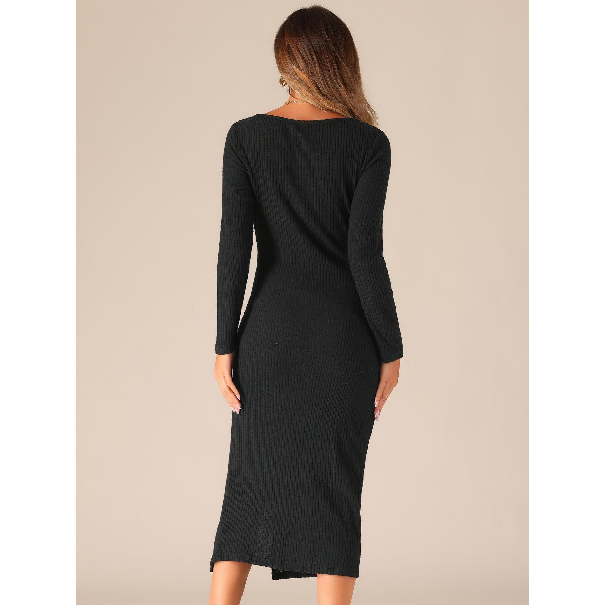 Женские платья INSPIRE CHIC Women's Fall Casual Long Sleeve Round Neck Ruched Slit Fitted Midi Dress Black Medium — фото 3