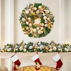 Prelit 24" Artificial Christmas Wreaths with Gold Leaves Balls Pine Cones for Front Door Christmas Decorations - 1 of 4