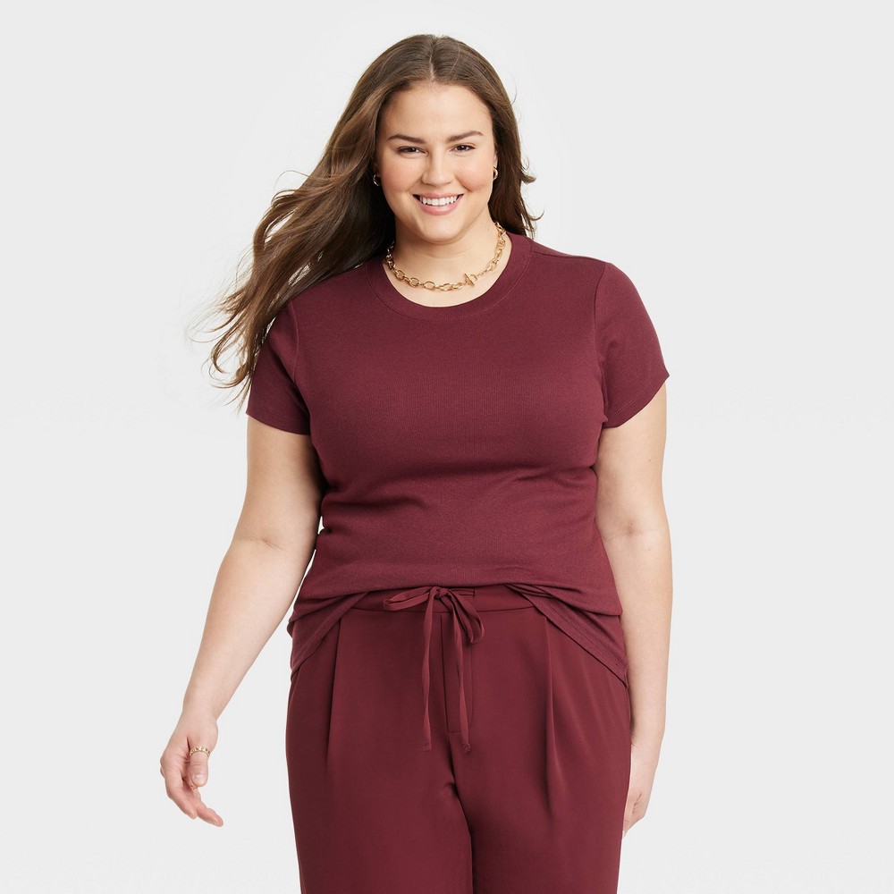 Women's Short Sleeve Slim Fit Ribbed T-Shirt - A New Day™ Light Burgundy 2X