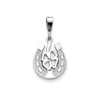 Black Bow Jewelry 14k Yellow or White Gold Four Leaf Clover and Horseshoe Pendant, 15mm