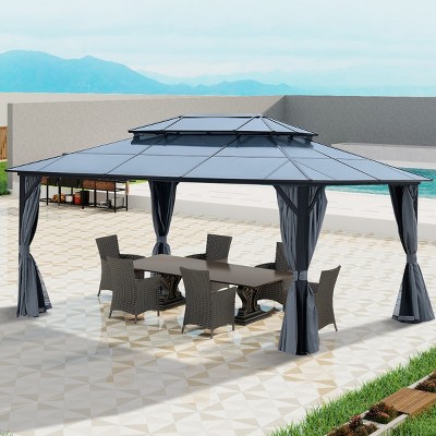 Outdoor 12×16 FT Gazebo, Permanent Pavilion with Netting and Curtains, Gazebo with Gray Aluminum Frame and Polycarbonate Double-Roof-Coolbibila