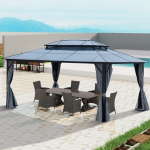 Outdoor 12×16 FT Gazebo, Permanent Pavilion with Netting and Curtains, Gazebo with Gray Aluminum Frame and Polycarbonate Double-Roof-Coolbibila - 1 of 4